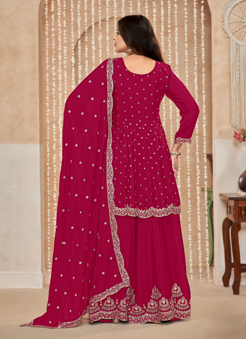 Raspberry Pink Chinnon Embroidered Palazzo Kameez for Festival