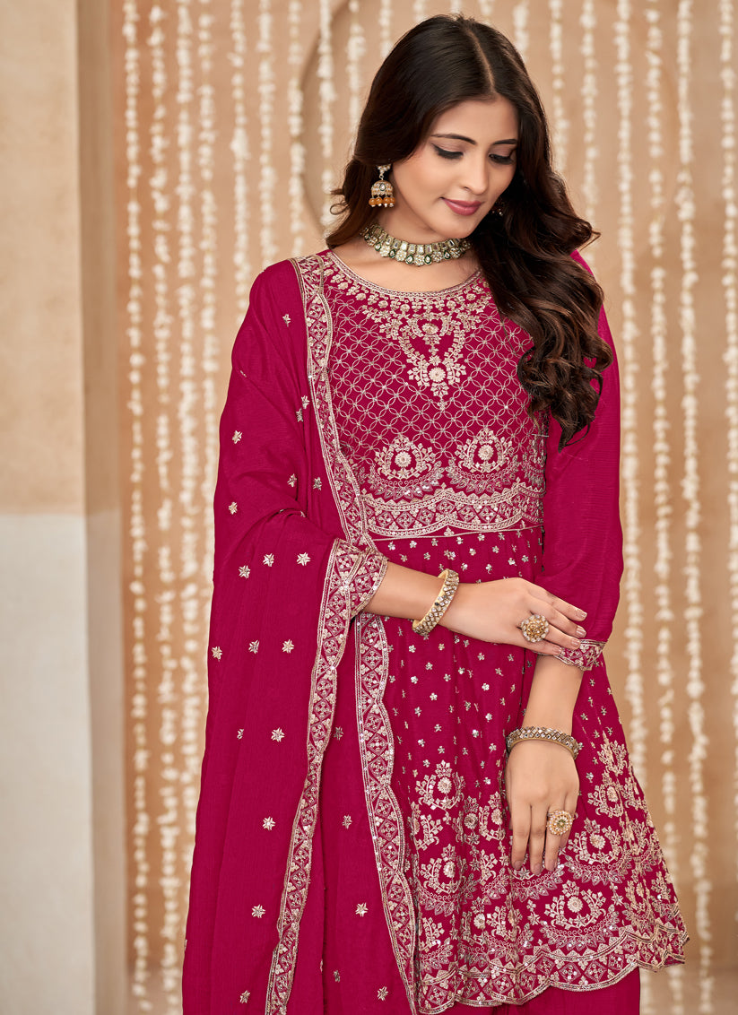 Raspberry Pink Chinnon Embroidered Palazzo Kameez for Festival