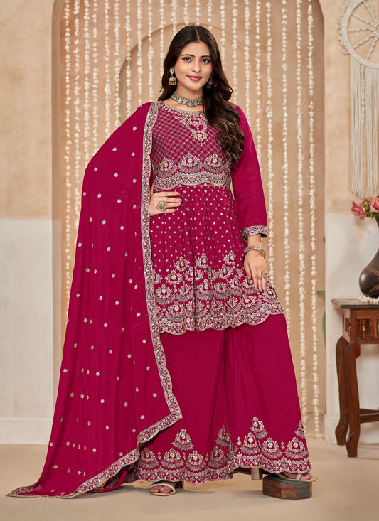 Raspberry Pink Chinnon Embroidered Palazzo Kameez for Festival