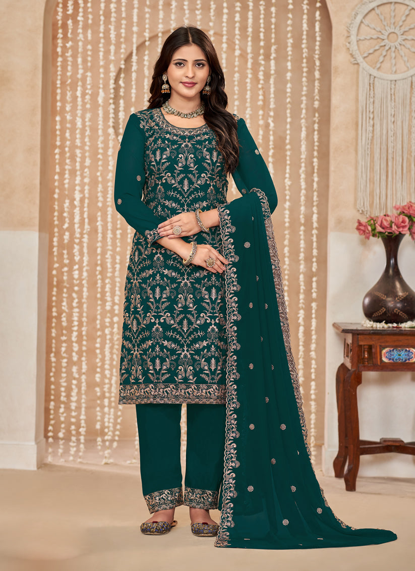 Peacock Green Faux Georgette Embroidered Pant Kameez For Festival