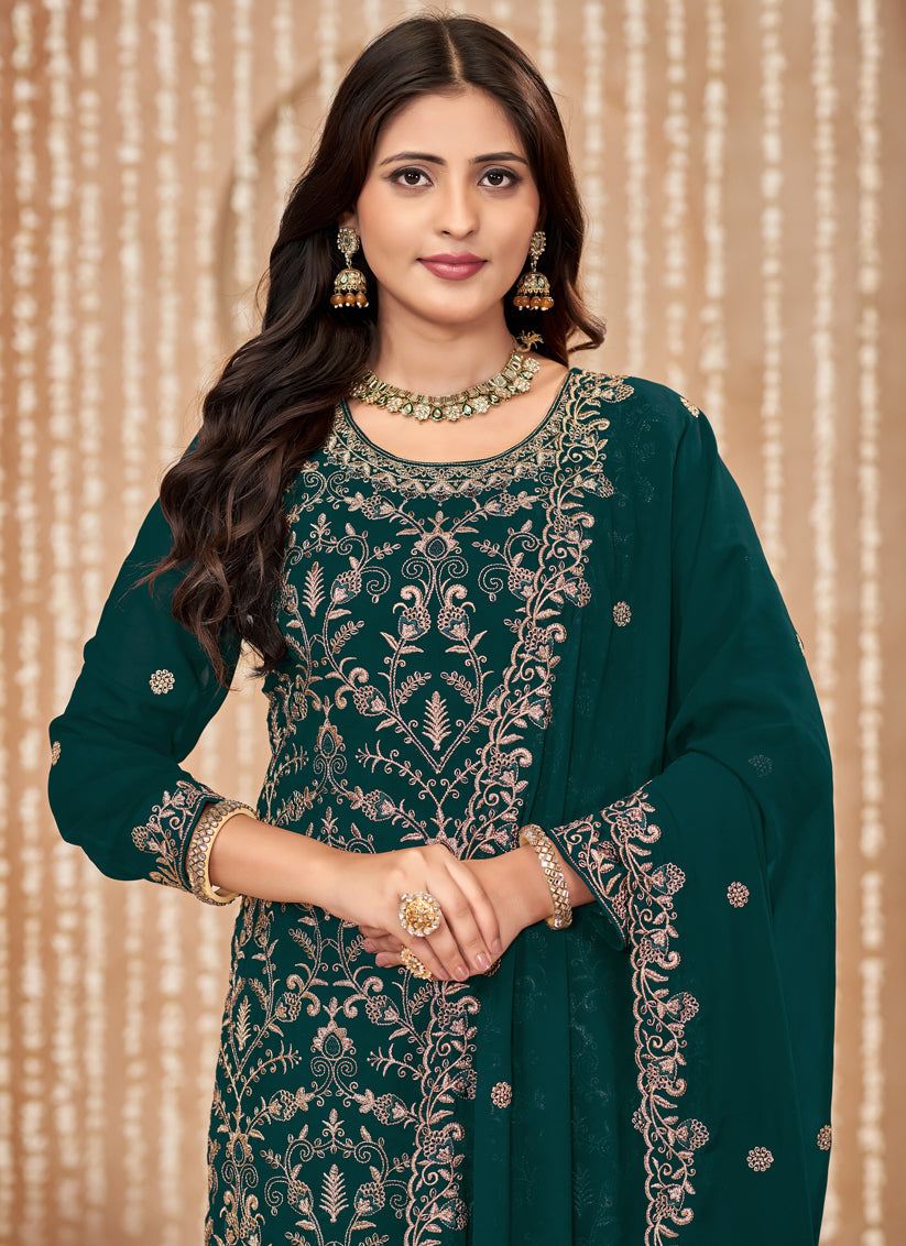 Peacock Green Faux Georgette Embroidered Pant Kameez For Festival