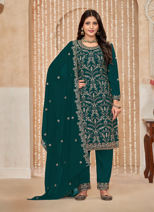 Peacock Green Faux Georgette Embroidered Pant Kameez For Festival