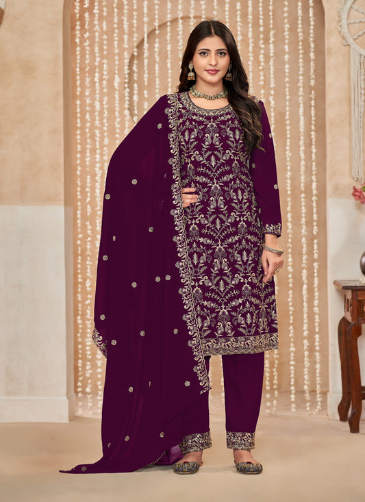 Wine Faux Georgette Embroidered Pant Kameez For Festival