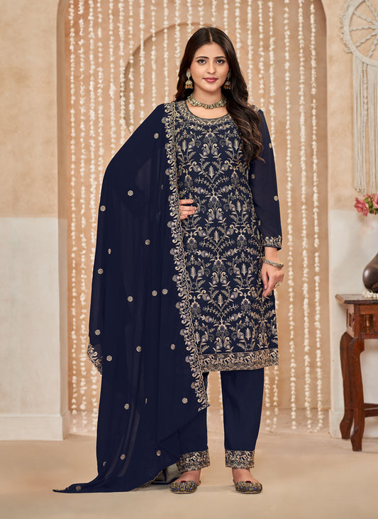 Midnight Blue Faux Georgette Embroidered Pant Kameez For Festival