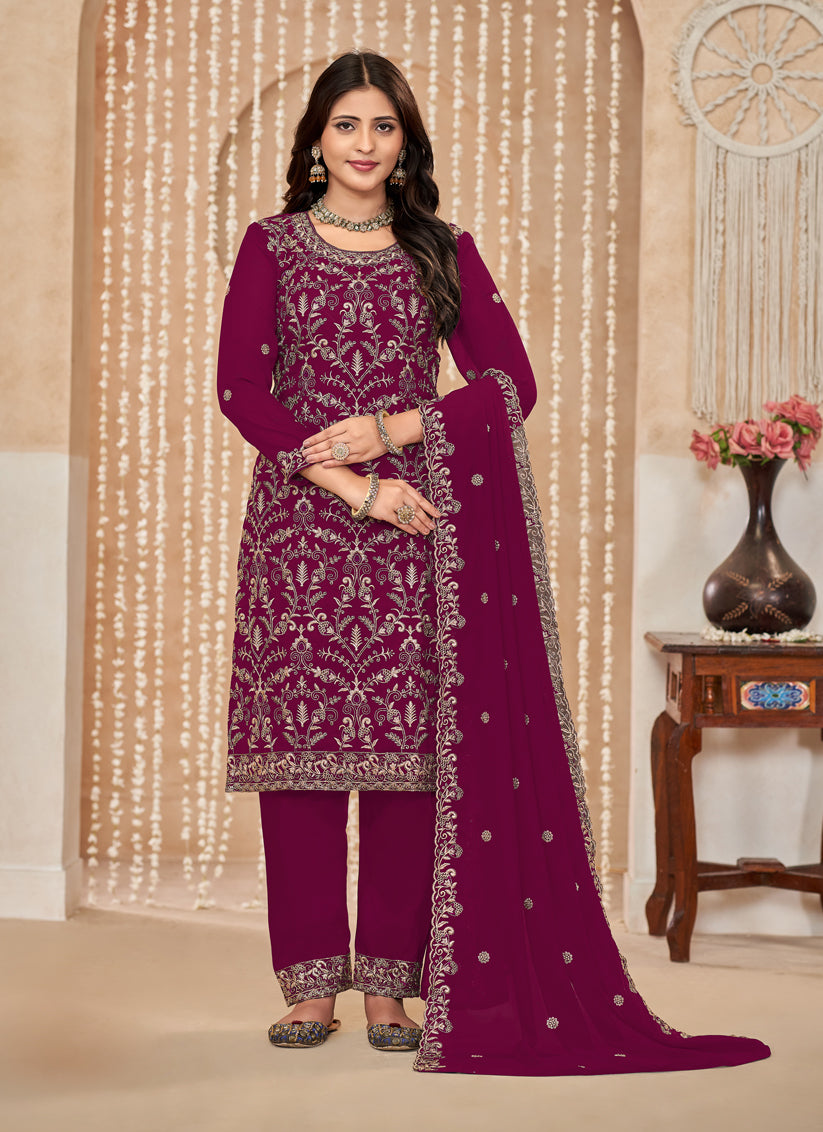 Magenta Faux Georgette Embroidered Pant Kameez For Festival