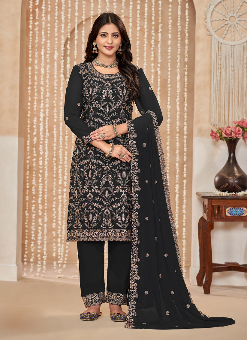 Black Faux Georgette Embroidered Pant Kameez For Festival