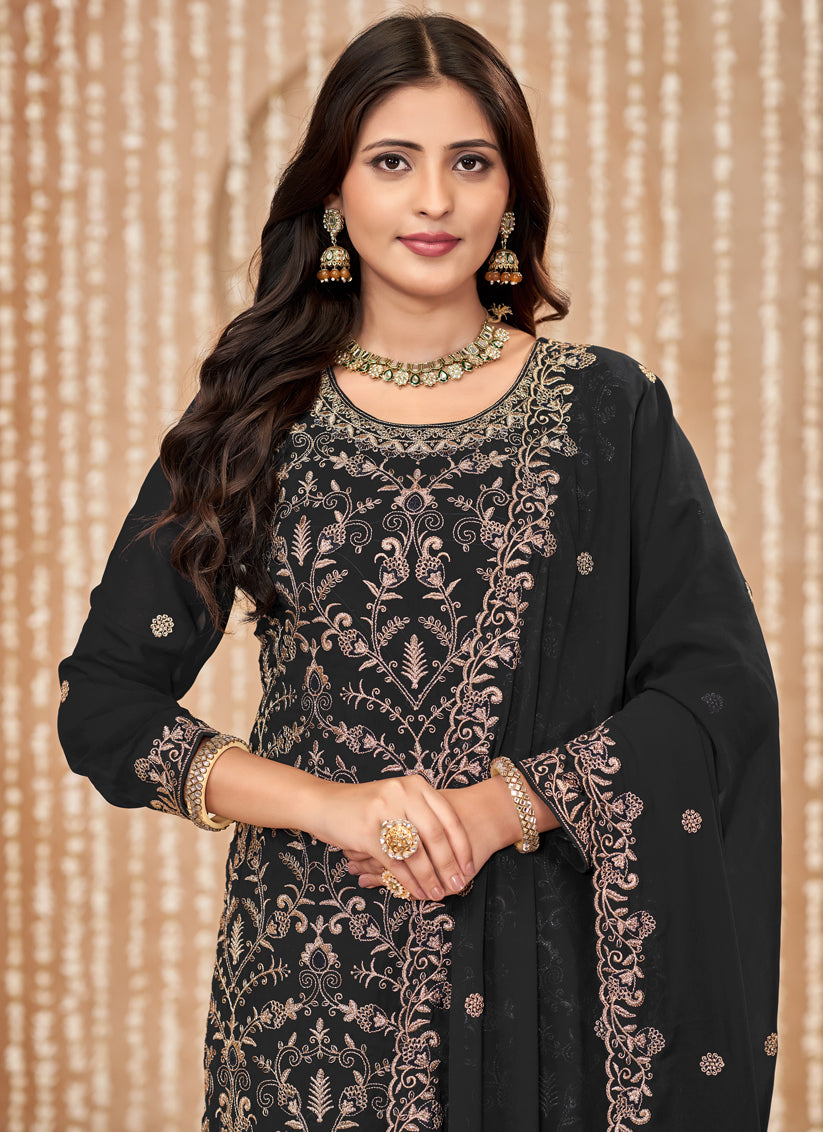 Black Faux Georgette Embroidered Pant Kameez For Festival