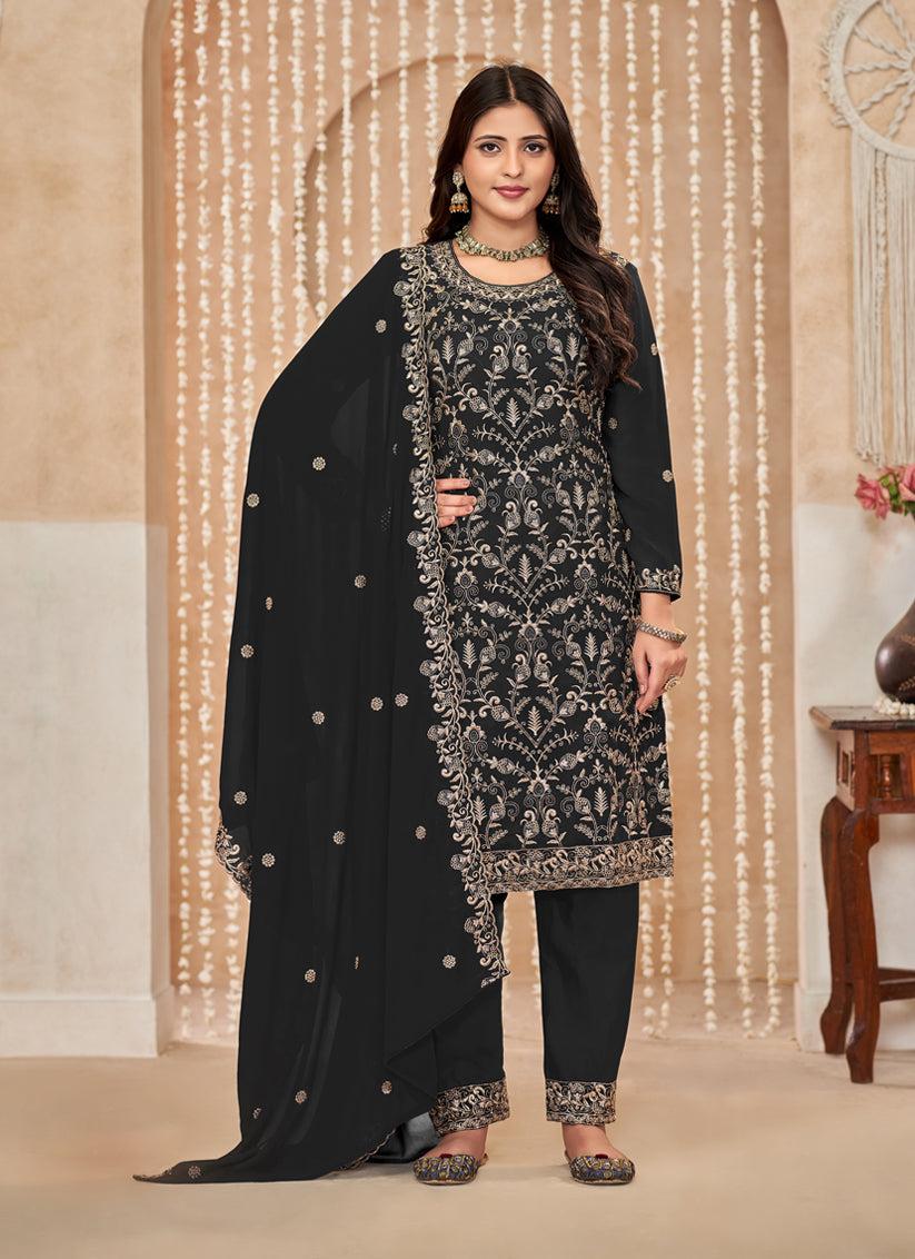 Black Faux Georgette Embroidered Pant Kameez For Festival