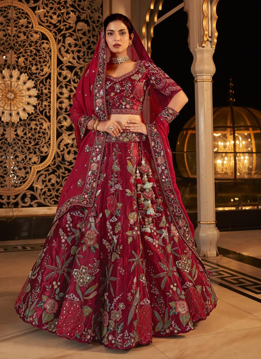 Maroon Pure Viscose Satin Embroidered Bridal Lehenga Choli