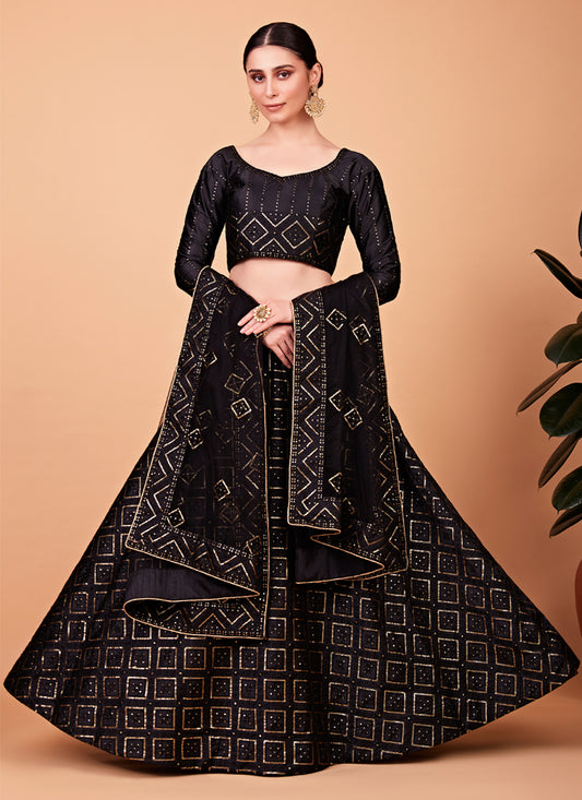 Black Silk Embroidered Designer Lehenga Choli Set