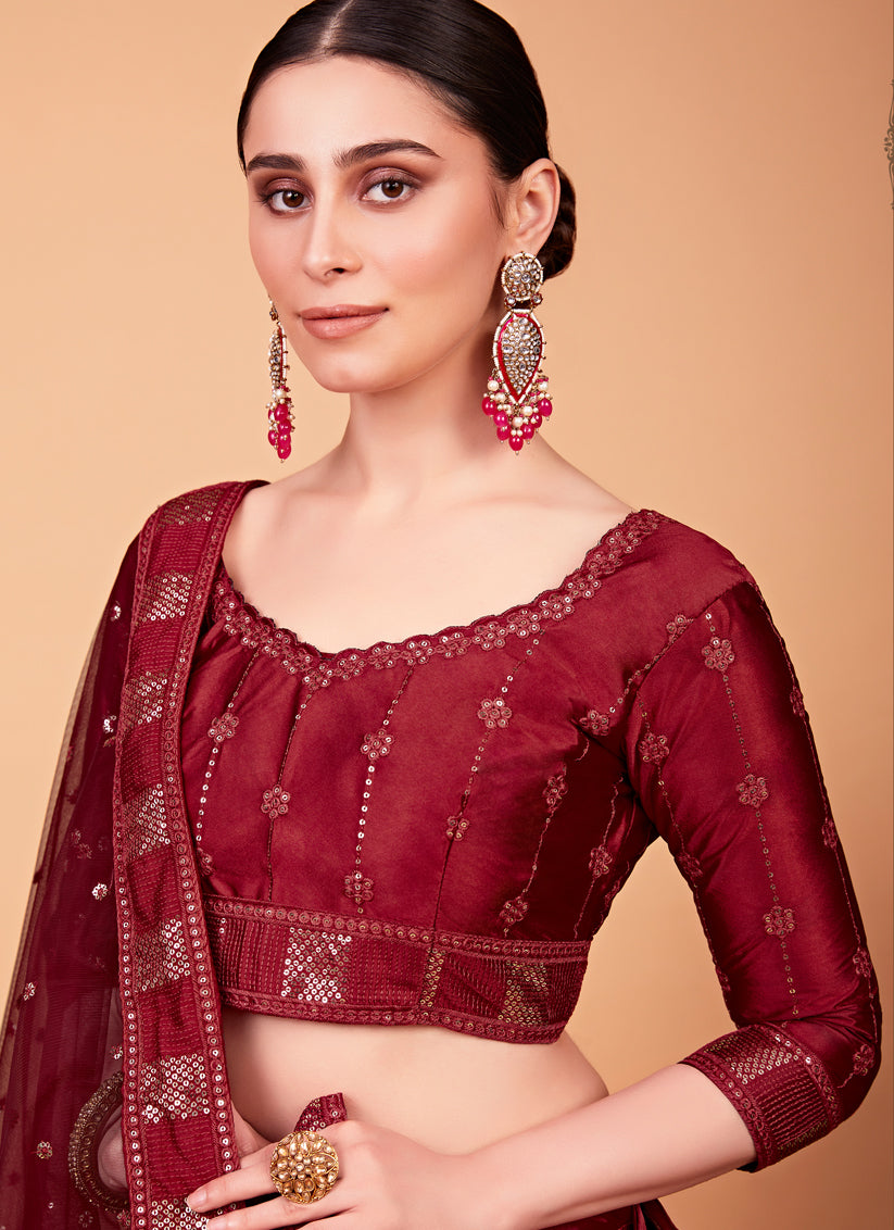 Maroon Silk Embroidered Designer Lehenga Choli Set