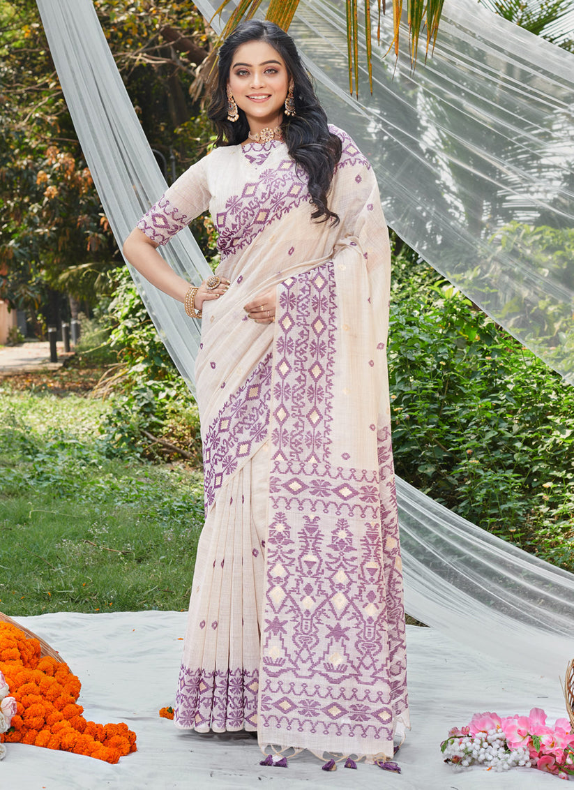 Off White Cotton Emboss Print Saree