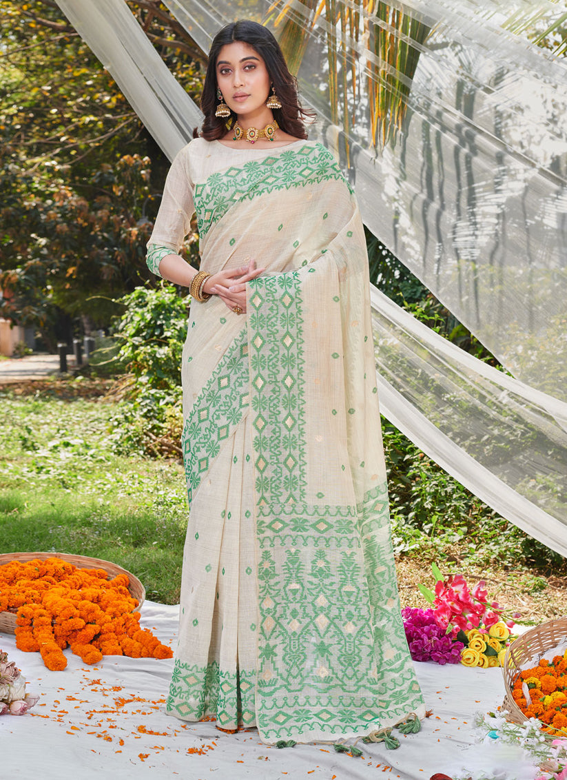 Off White Cotton Emboss Print Saree