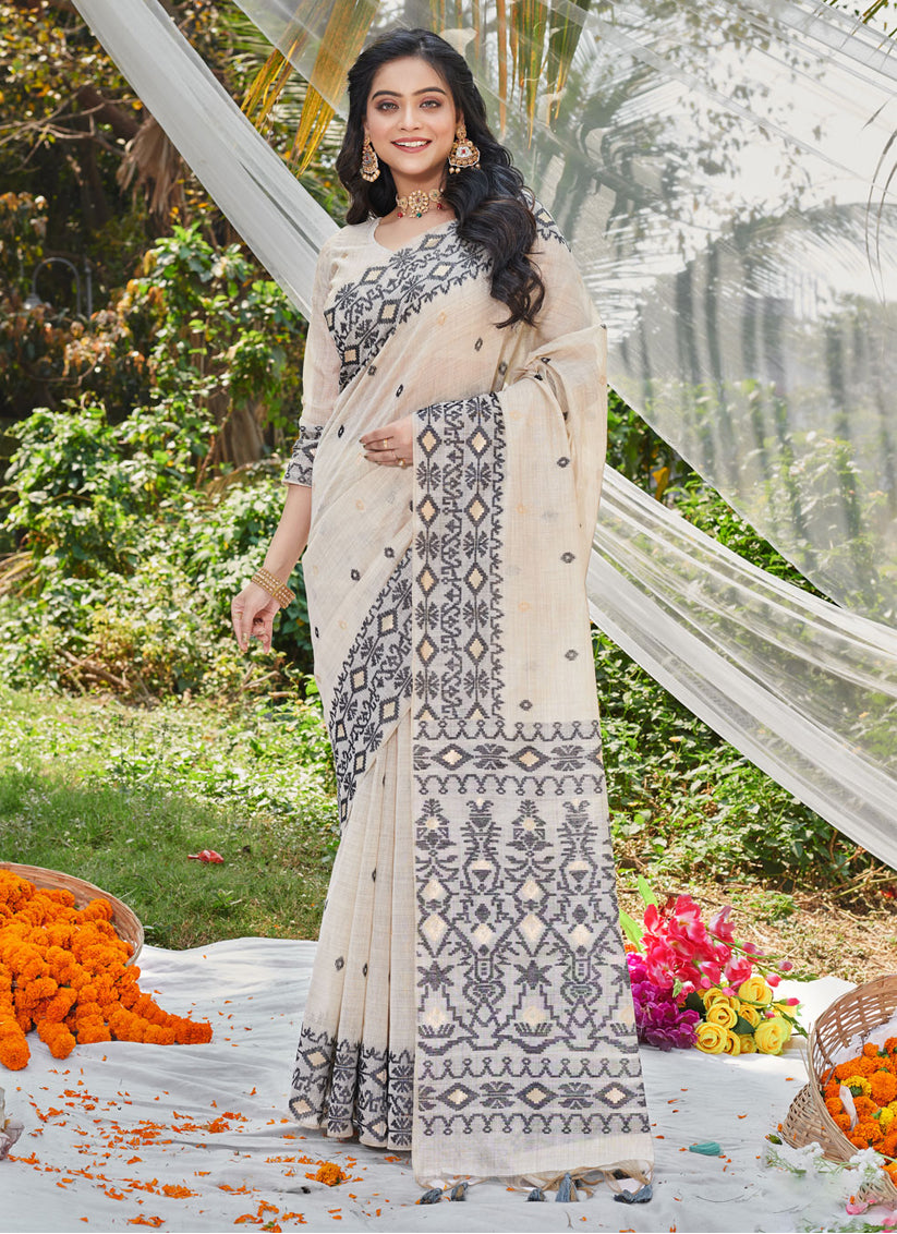 Off White Cotton Emboss Print Saree