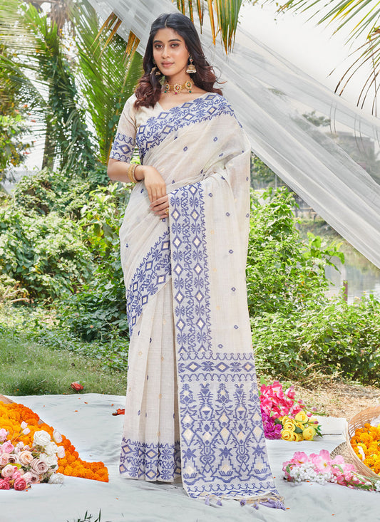 Off White Cotton Emboss Print Saree