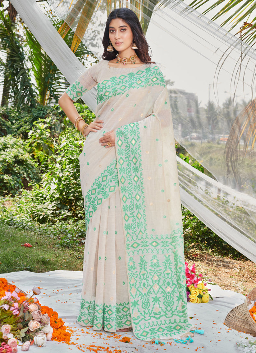 Off White Cotton Emboss Print Saree