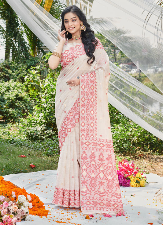 Off White Cotton Emboss Print Saree