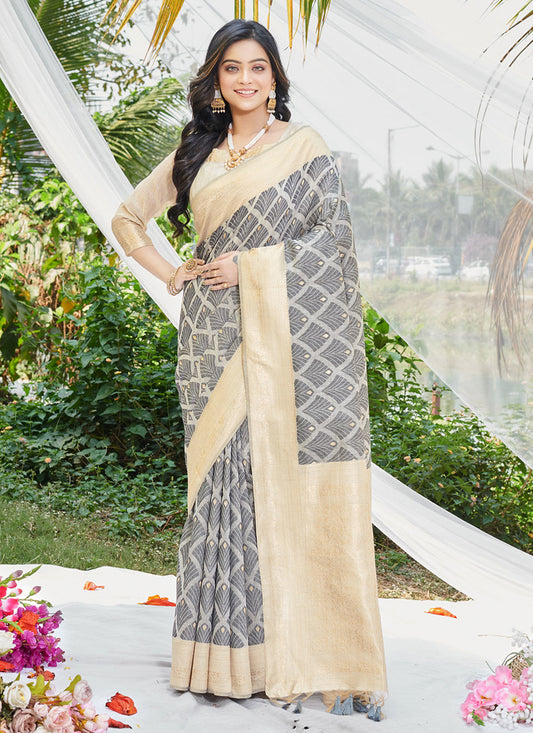 Slate Grey Cotton Zari Woven Saree For Festival