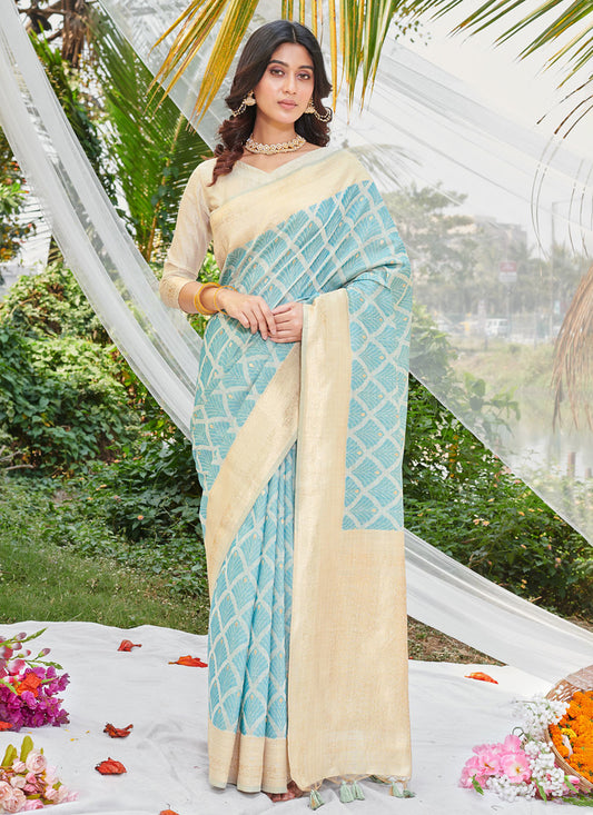 Aqua Blue Cotton Zari Woven Saree For Festival