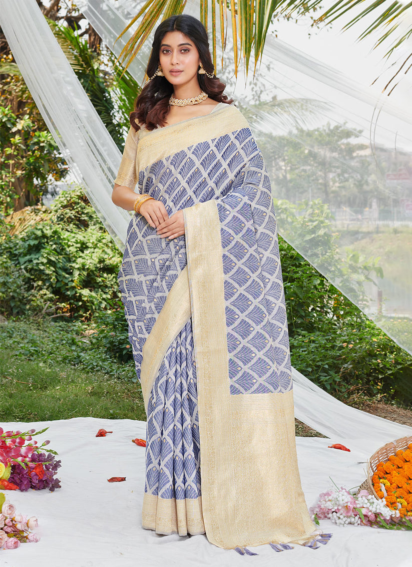 Navy Blue Cotton Zari Woven Saree For Festival