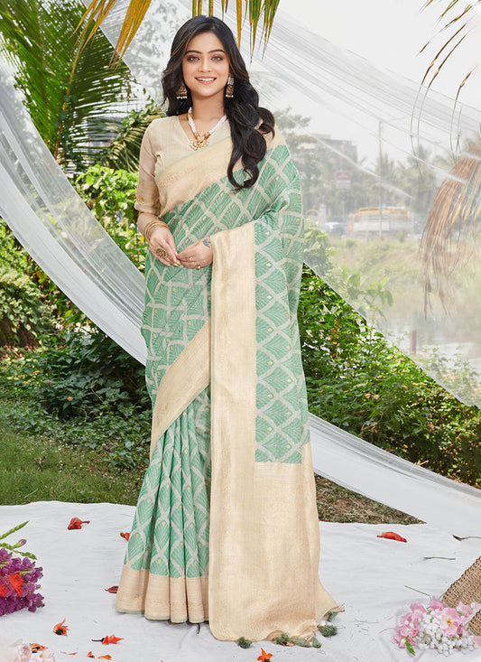 Fern Green Cotton Zari Woven Saree For Festival