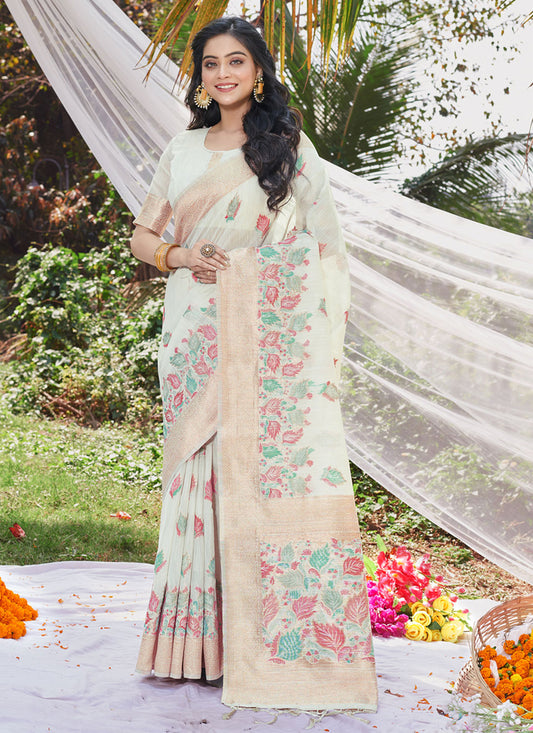 Off White Cotton Floral Print Saree For Festival