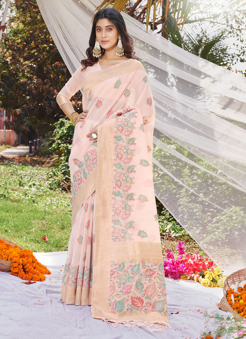 Blush Peach Cotton Floral Print Saree For Festival