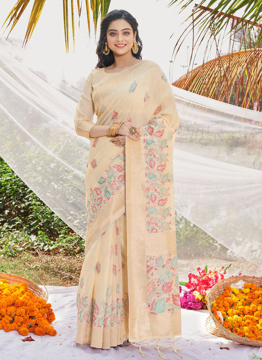 Beige Cotton Floral Print Saree For Festival