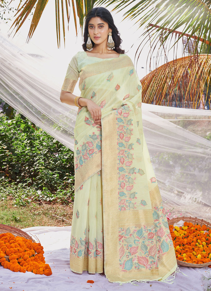 Pastel Green Cotton Floral Print Saree For Festival