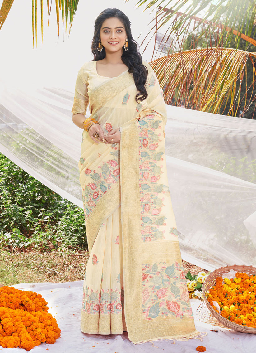 Cream Cotton Floral Print Saree For Festival