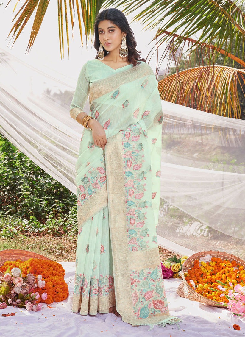 Ice Mint Cotton Floral Print Saree For Festival