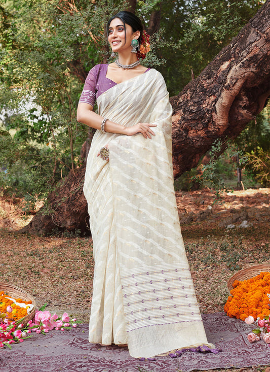 Ivory Cotton Zari Embellished Saree For Festival