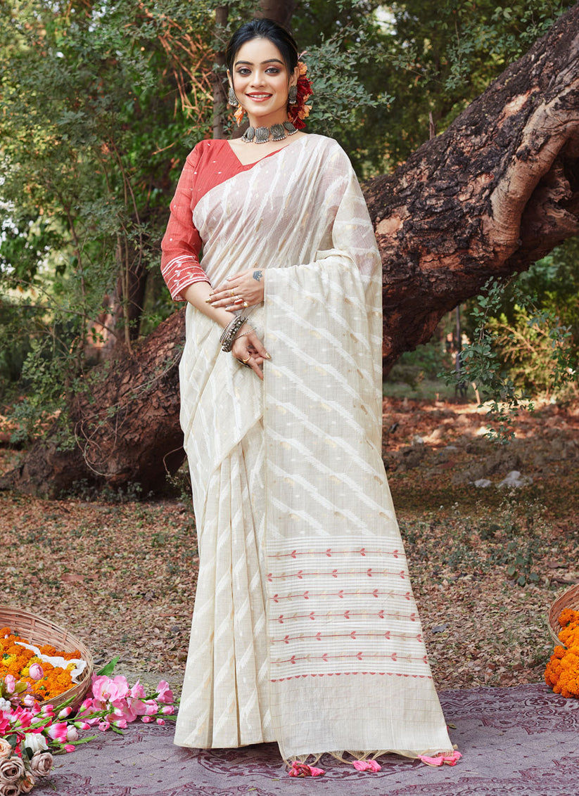 Ivory Cotton Zari Embellished Saree For Festival