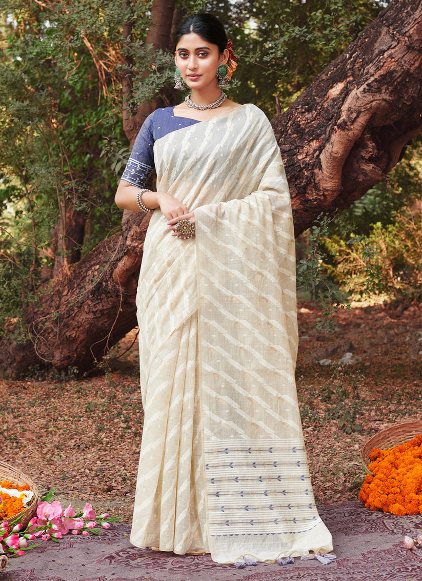 Ivory Cotton Zari Embellished Saree For Festival