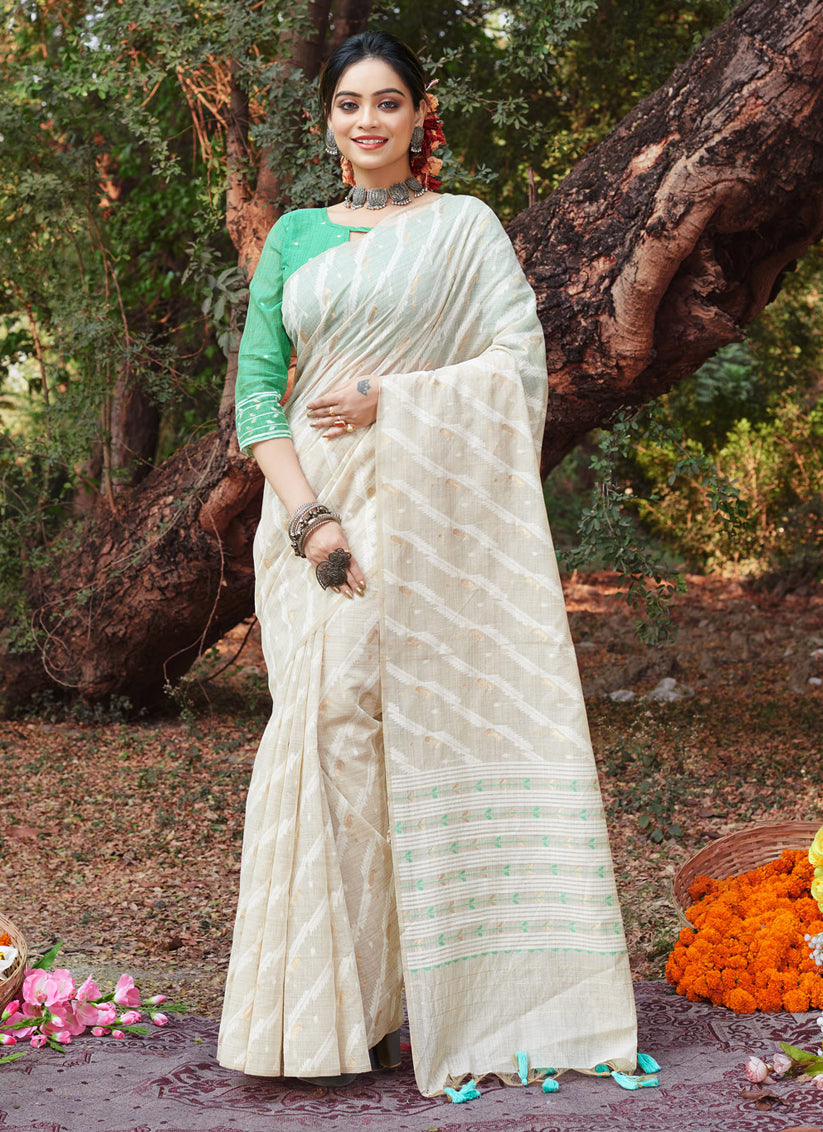 Ivory Cotton Zari Embellished Saree For Festival