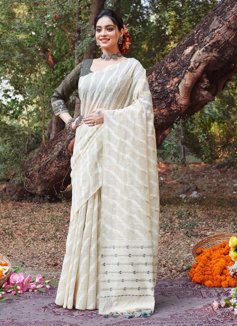 Ivory Cotton Zari Embellished Saree For Festival