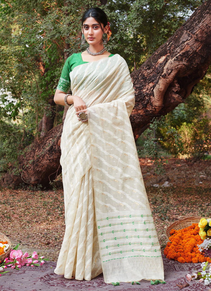 Ivory Cotton Zari Embellished Saree For Festival