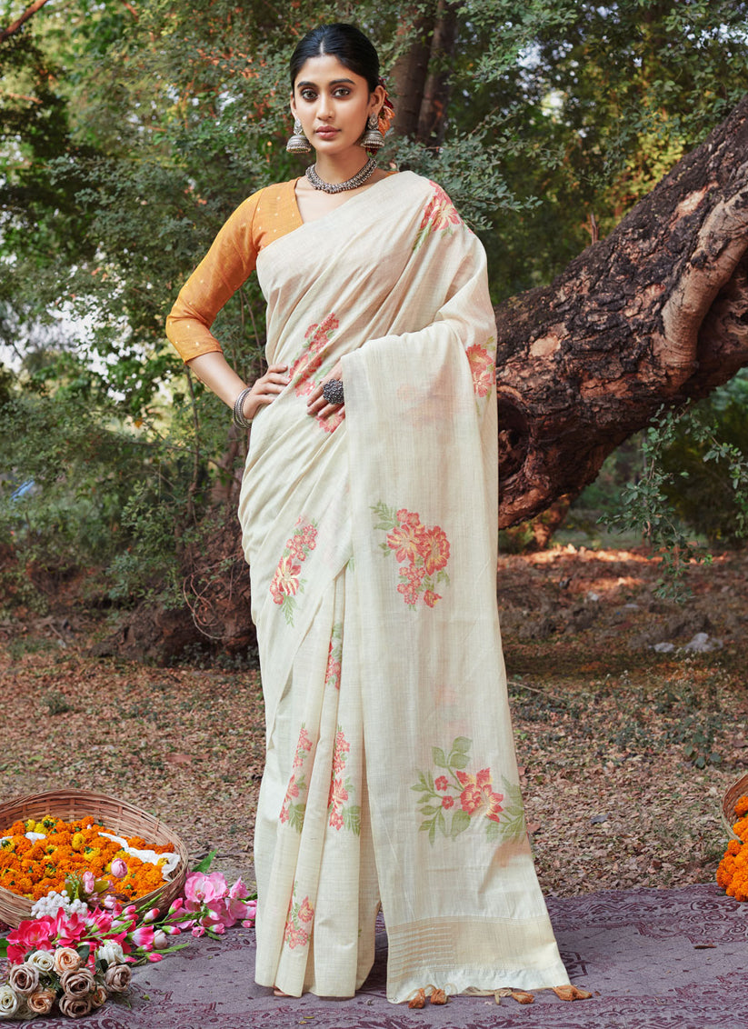 Off White Cotton Floral Print Saree