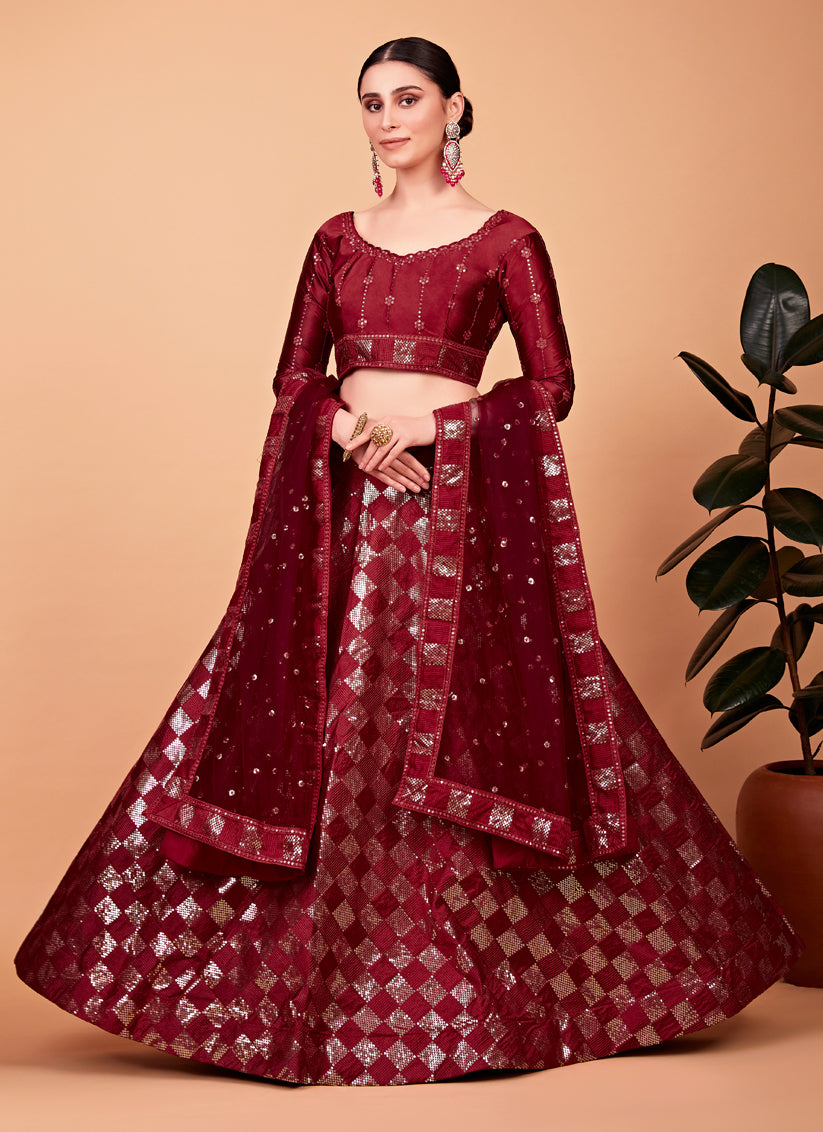 Maroon Silk Embroidered Designer Lehenga Choli Set