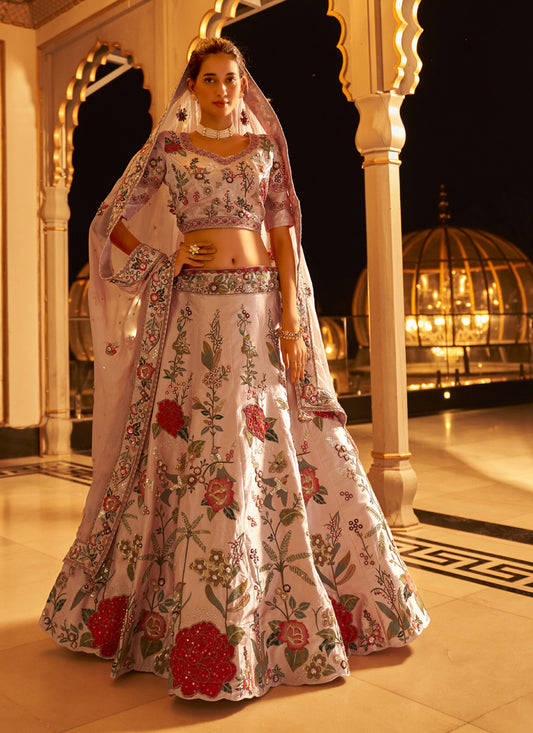 Blush Pink Pure Viscose Satin Embroidered Bridal Lehenga Choli