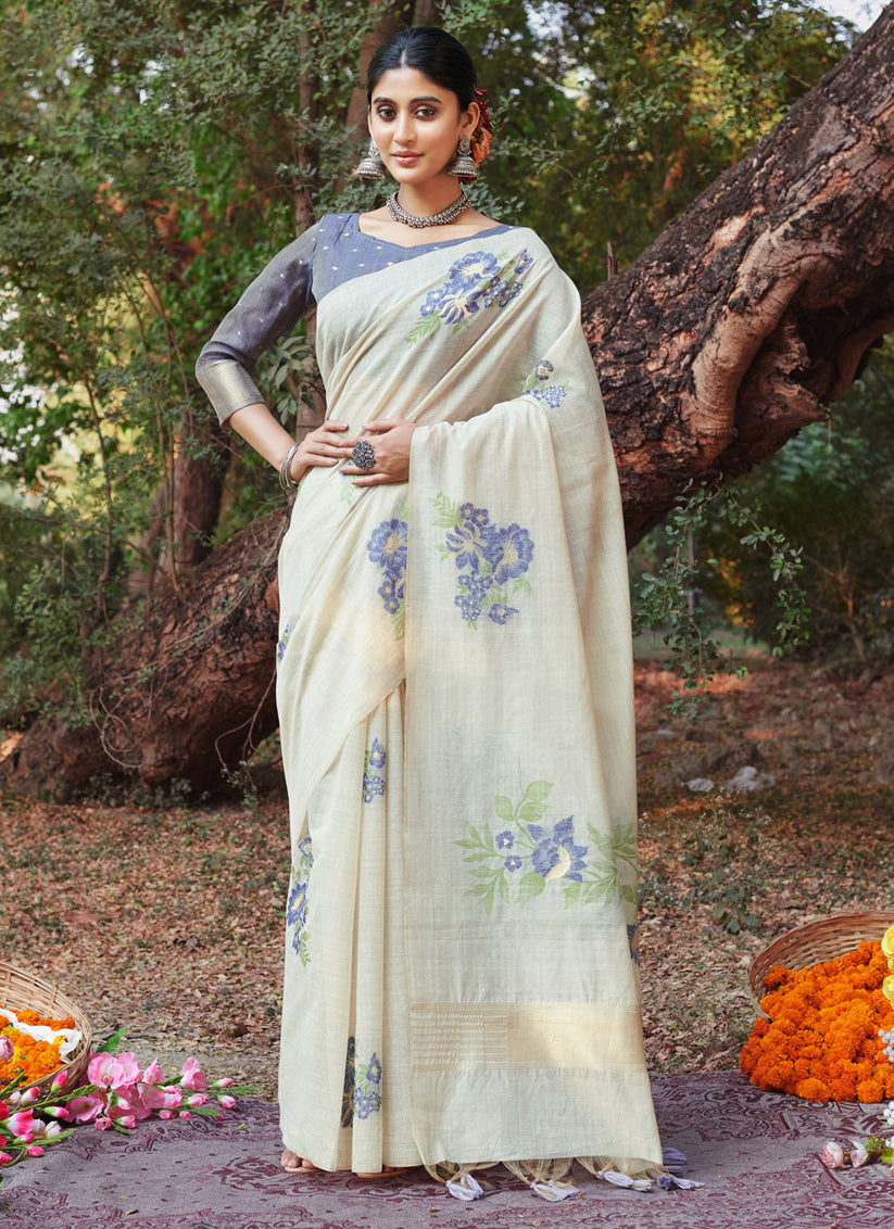 Off White Cotton Floral Print Saree