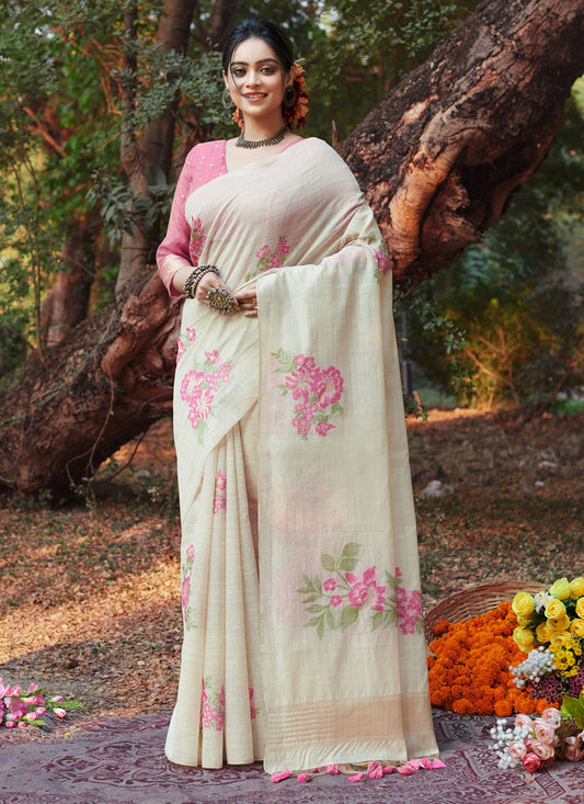 Off White Cotton Floral Print Saree