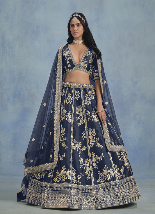 Midnight Blue Art Silk Sequins Embroidered Lehenga Choli Set