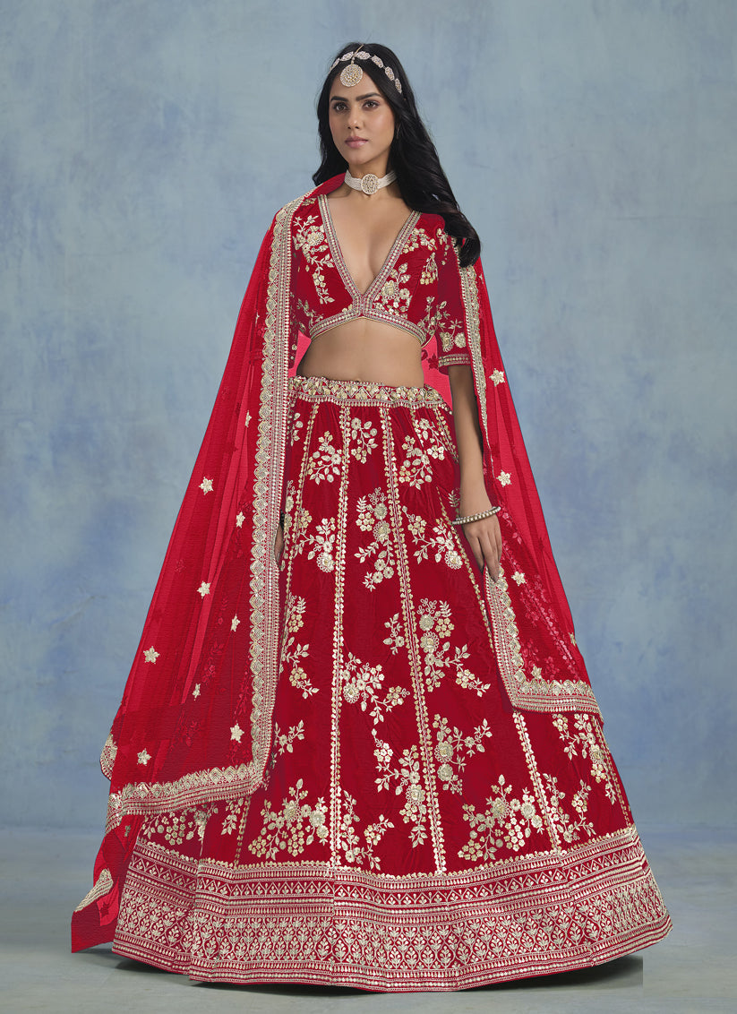 Hot Red Art Silk Sequins Embroidered Lehenga Choli Set