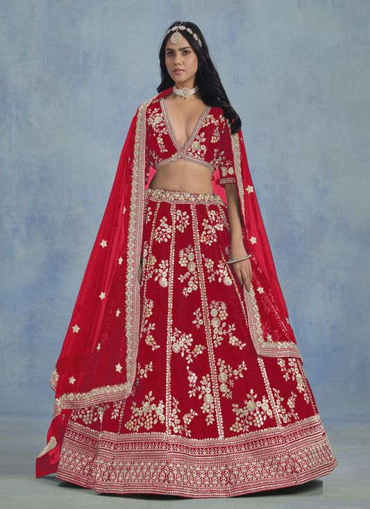 Hot Red Art Silk Sequins Embroidered Lehenga Choli Set