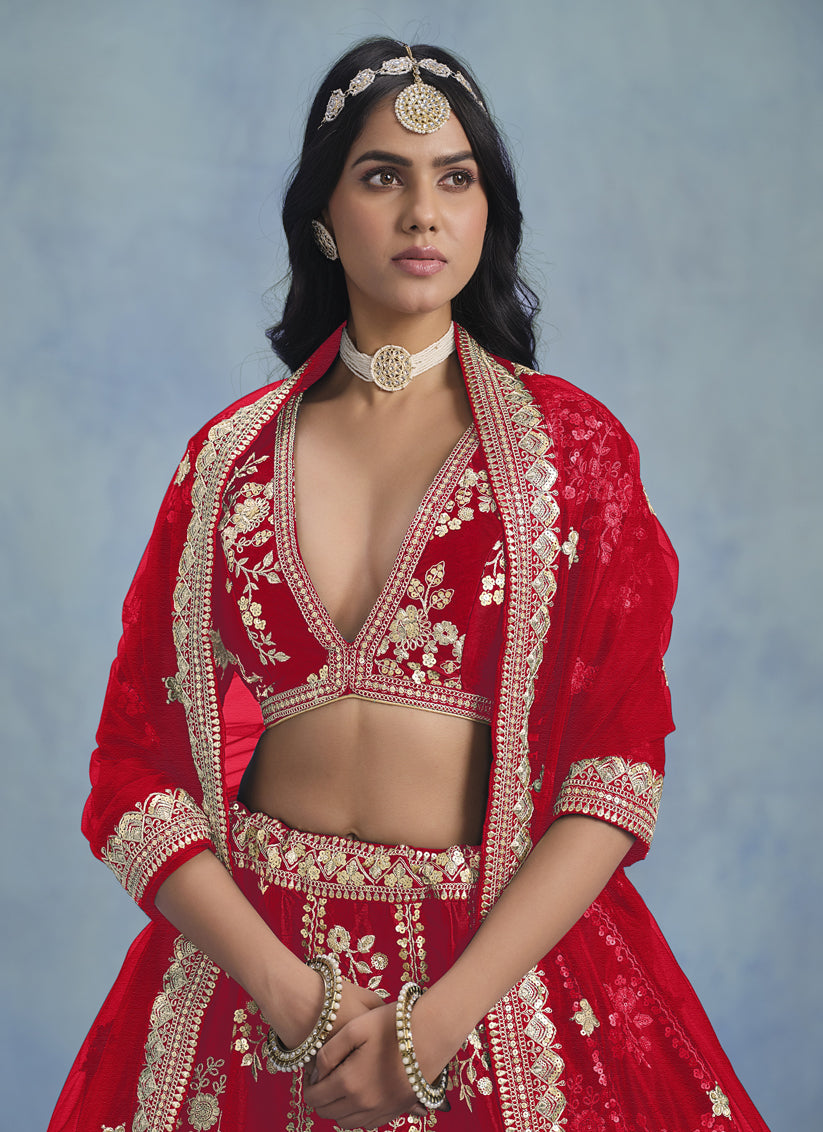 Hot Red Art Silk Sequins Embroidered Lehenga Choli Set