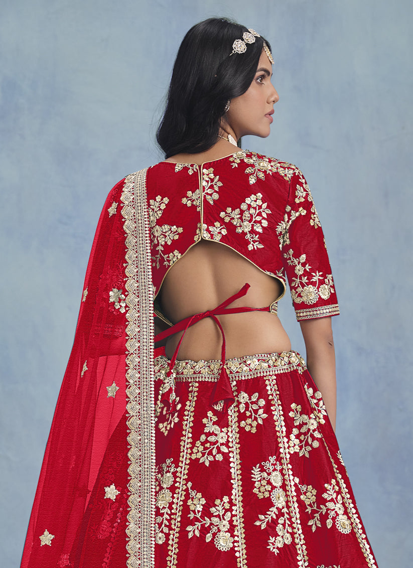 Hot Red Art Silk Sequins Embroidered Lehenga Choli Set