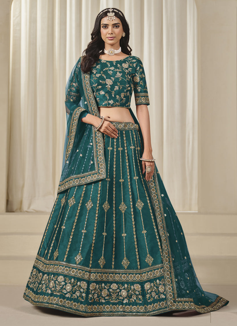 Rama Green Art Silk Embroidered Lehenga Choli Set