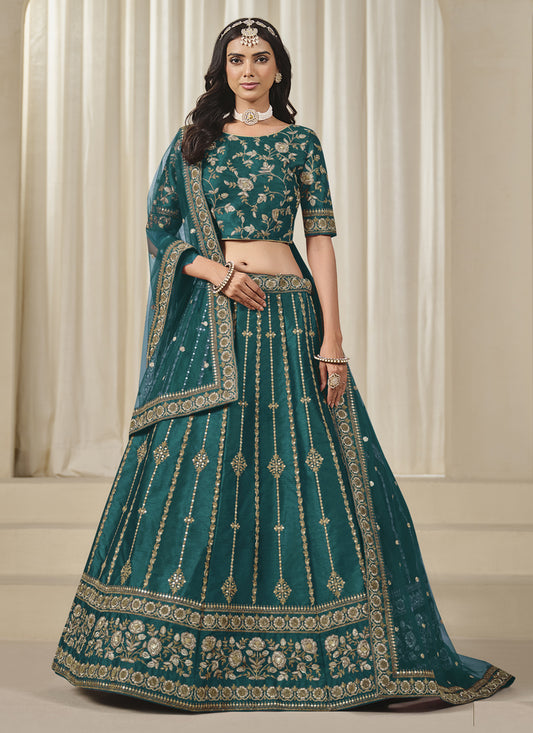 Rama Green Art Silk Embroidered Lehenga Choli Set