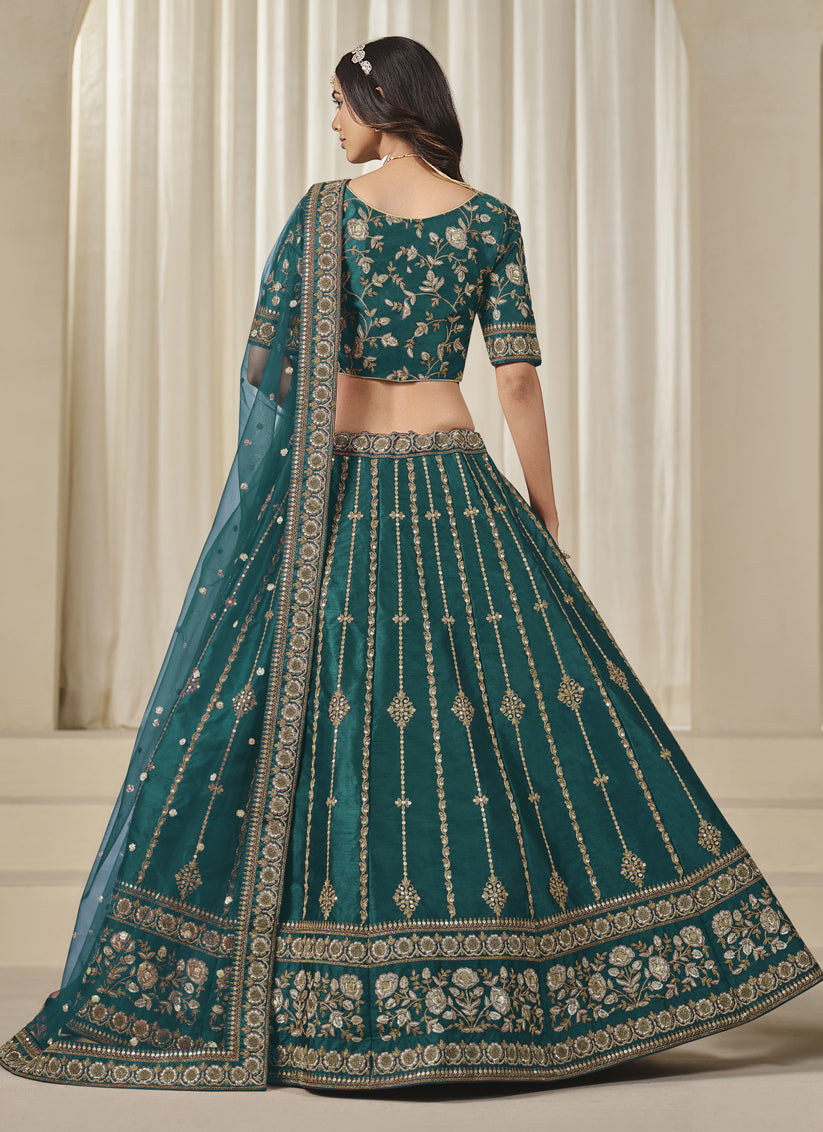 Rama Green Art Silk Embroidered Lehenga Choli Set